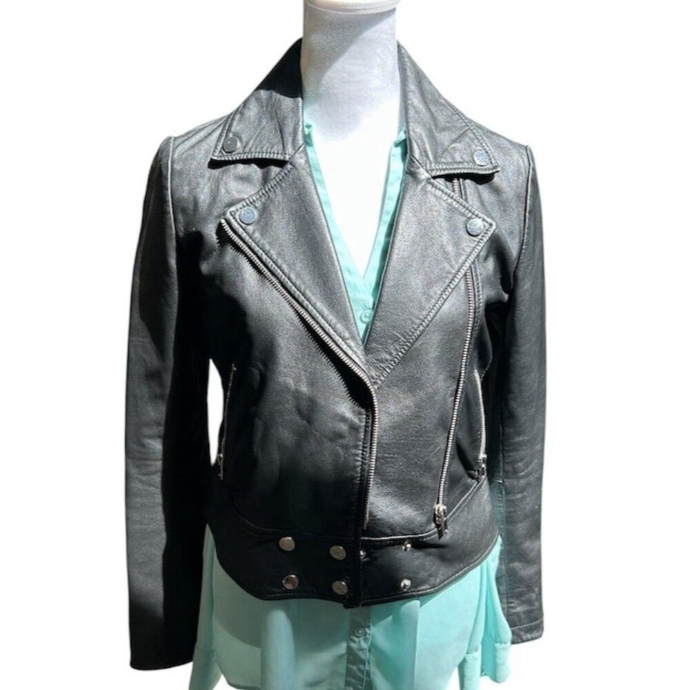 Slate & Willow Genuine Leather Moto Jacket Full Zip Black Women's Size XS